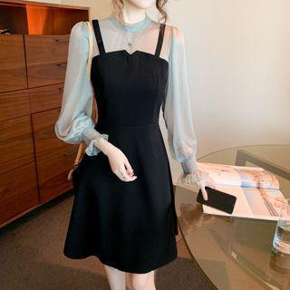 Long-sleeve Panel Mock Two-piece Mini A-line Dress