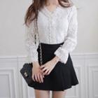 V-neck Faux-pearl Lace Sheer Blouse