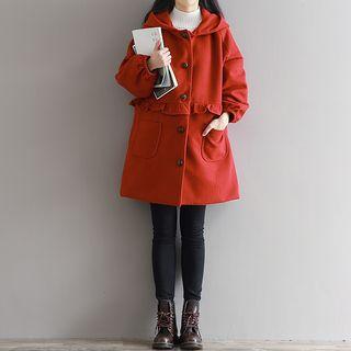 Frill-trim Hooded Buttoned Coat
