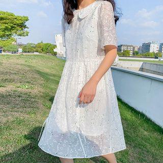 Collared Leaf Embroidered Short-sleeve Dress