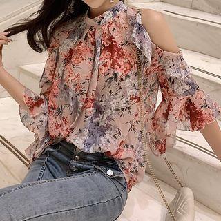 3/4-sleeve Cold Shoulder Floral Print Chiffon Top