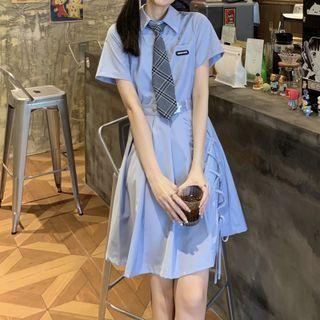 Short-sleeve Lace Up Henley Mini Shirtdress / Plaid Tie / Transparent Belt / Set