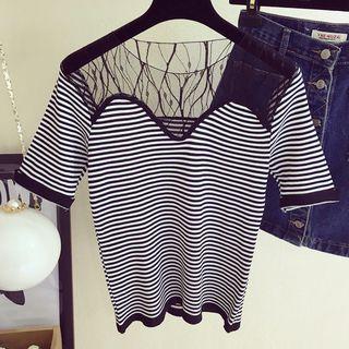 Mesh Yoke Short-sleeve Knit Top