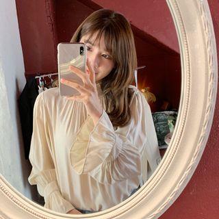 Frilled-collar Bell-cuff Shirred Blouse Light Beige - One Size