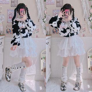 Sailor Collar Cow Print Fleece Sweatshirt