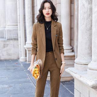 Single-breasted Plain Blazer / Cropped Straight Leg Dress Pants / Set