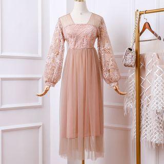 Balloon-sleeve Floral Embroidered Mesh A-line Dress