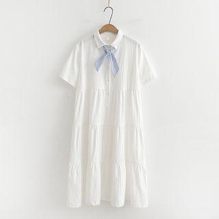 Short-sleeve Ribbon Neck A-line Dress
