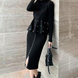 Set: Beaded Knit Vest + Long-sleeve Mock-neck Midi Dress
