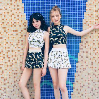 Set: Banana Print Tankini Top + Swim Shorts + Skirt