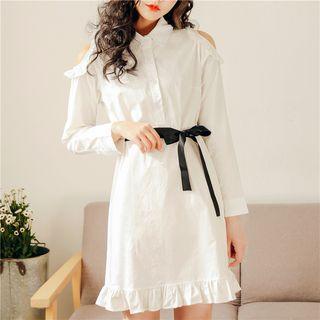 Ruffle Trim Cold Shoulder Shirt Dress