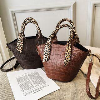 Scarf Wrapped Handle Croc Grain Bucket Tote