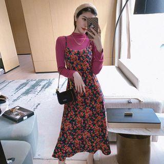 Plain Long-sleeve T-shirt / Floral Midi A-line Pinafore Dress