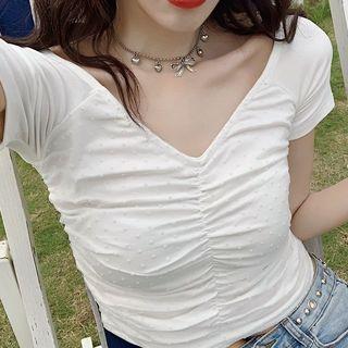 Short-sleeve Polka Dot Lace Paneled Crinkled Cropped T-shirt