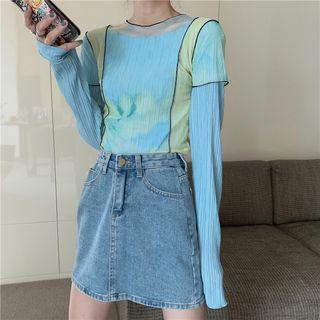 Long-sleeve Ruched Top / Short-sleeve Mesh Top