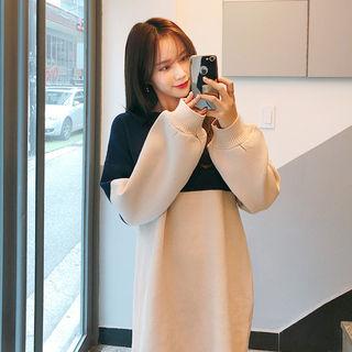 Color-block Knit Dress Beige - One Size