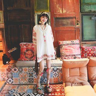 Elbow-sleeve Floral Print Tasseled Smock Dress