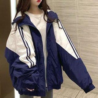 Color Panel Hooded Padded Zip Jacket As Shown In Figure - One Size