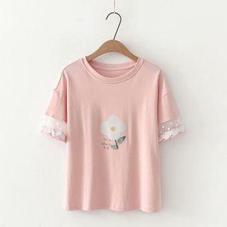 Flower Print Lace Trim Short-sleeve T-shirt