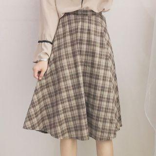 Plaid Panel Sweatshirt / Midi A-line Skirt / Tie-neck Blouse