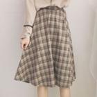 Plaid Panel Sweatshirt / Midi A-line Skirt / Tie-neck Blouse