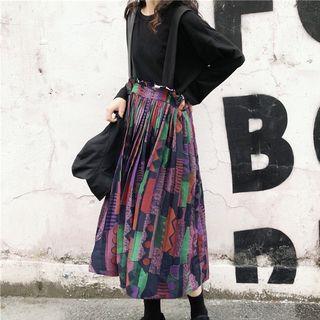 Long-sleeve T-shirt / Suspender Midi Skirt