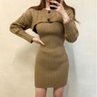 Set: Sleeveless Ribbed Knit Mini Bodycon Dress + Button-up Shrug