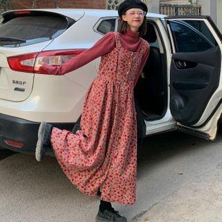 Long-sleeve Turtleneck Top / Floral Print Corduroy Midi A-line Overall Dress