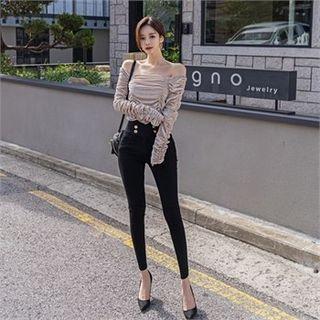 High-waist Button-trim Skinny Pants