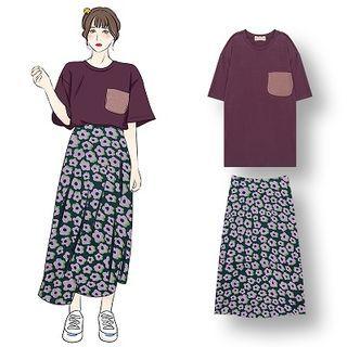 Pocketed Short-sleeve T-shirt / Floral Midi Skirt