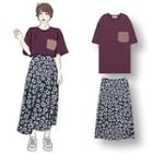 Pocketed Short-sleeve T-shirt / Floral Midi Skirt
