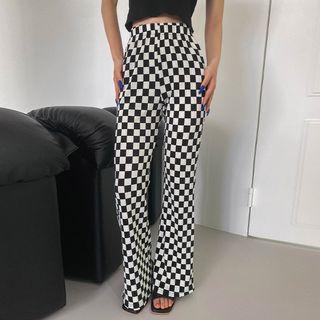 Checkered Pleated Boot-cut Pants Black - One Size