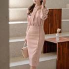 Long-sleeve Mock Two-piece Midi Sheath Dress