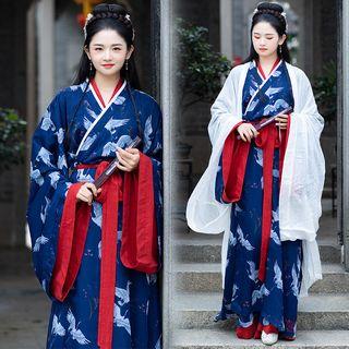 Long-sleeve Crane Print Hanfu Maxi Dress / Long-sleeve Hanfu Maxi Dress / Jacket / Set