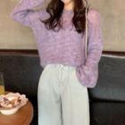 Set: Crew-neck Long-sleeve Knit Top + Camisole Top Purple - One Size