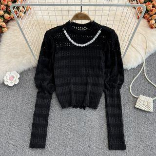 Long Sleeve Faux Pearl Detail Lace Top
