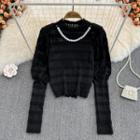 Long Sleeve Faux Pearl Detail Lace Top