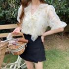 Set: Floral Embroidered Elbow-sleeve Blouse + Camisole Top Camisole Top - White - One Size / Blouse - Almond - One Size