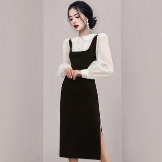 Lantern-sleeve Mock Two-piece Midi Sheath Dress