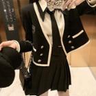 Button Blazer / Long-sleeve Shirt / Mini Pleated Skirt