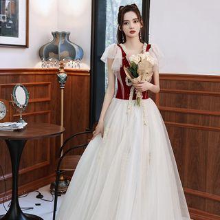 Cap-sleeve Ribbon A-line Evening Gown