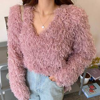 V-neck Shaggy Knit Sweater As Shown In Figure - One Size