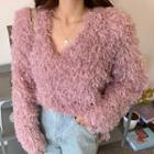 V-neck Shaggy Knit Sweater As Shown In Figure - One Size