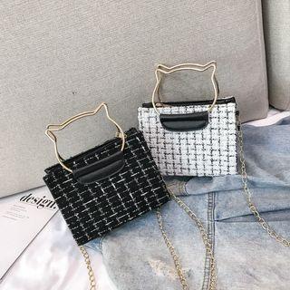Cat Handle Tweed Handbag With Chain Strap