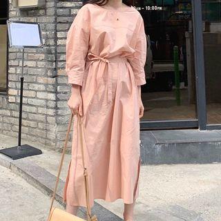 Long-sleeve Midi A-line Dress Orange Pink - One Size