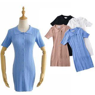 Collared Button-up Knit Mini Bodycon Dress