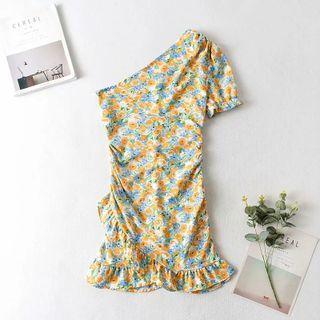 Asymmetrical Cold-shoulder Floral Print Sheath Dress
