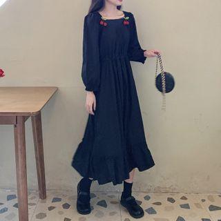 Cherry-accent Long-sleeve Midi A-line Dress