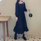 Cherry-accent Long-sleeve Midi A-line Dress