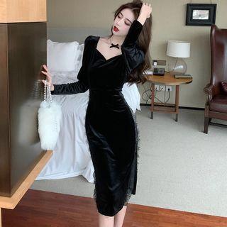 Long-sleeve Lace Velvet Side-slit Dress